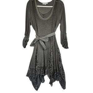 AZIZA BY GIZ Gray Lagenlook Boho Tunic Dress w Belt Size Med Two Piece Set